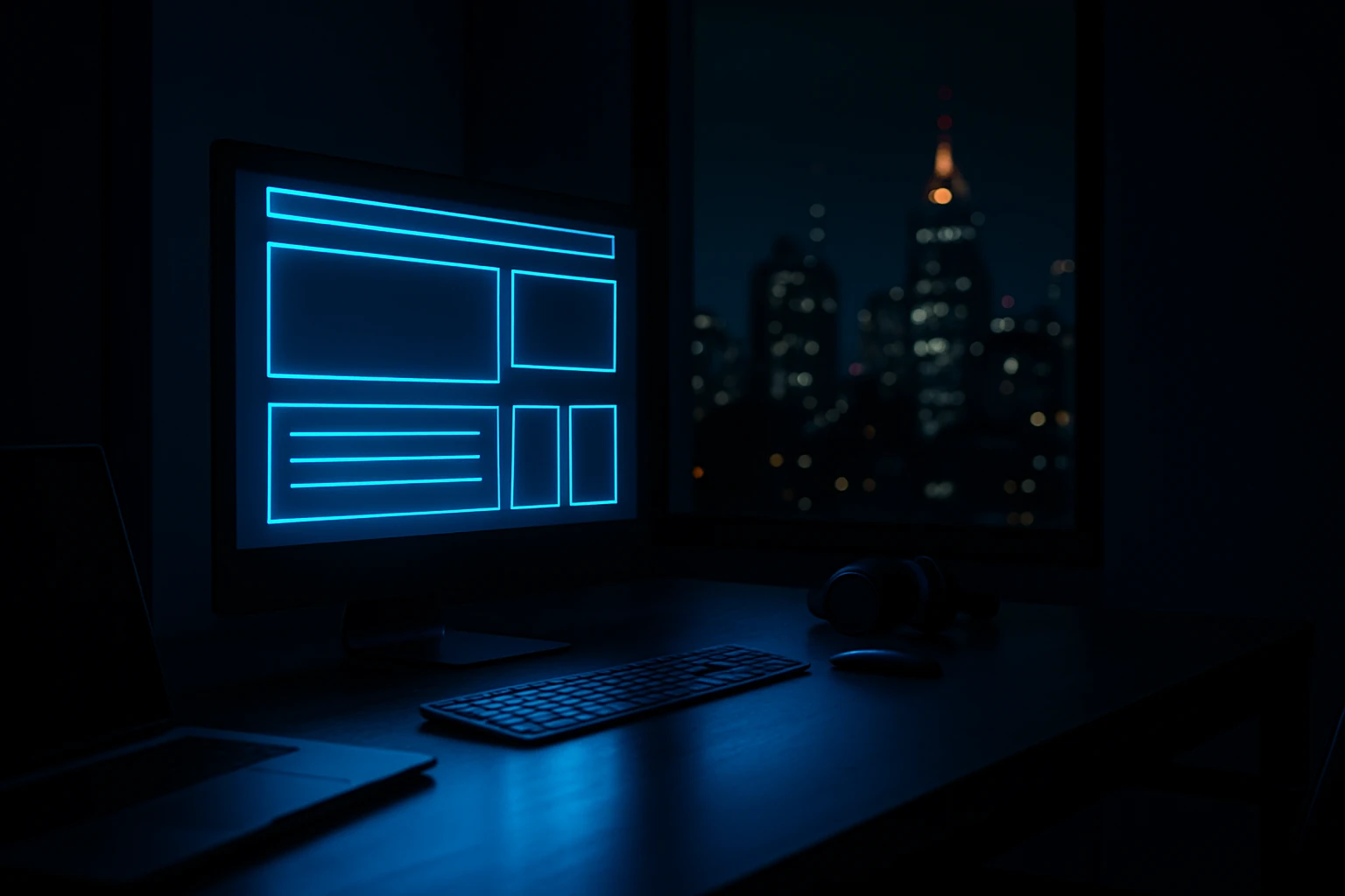 Designer revisando wireframe de site profissional em monitor