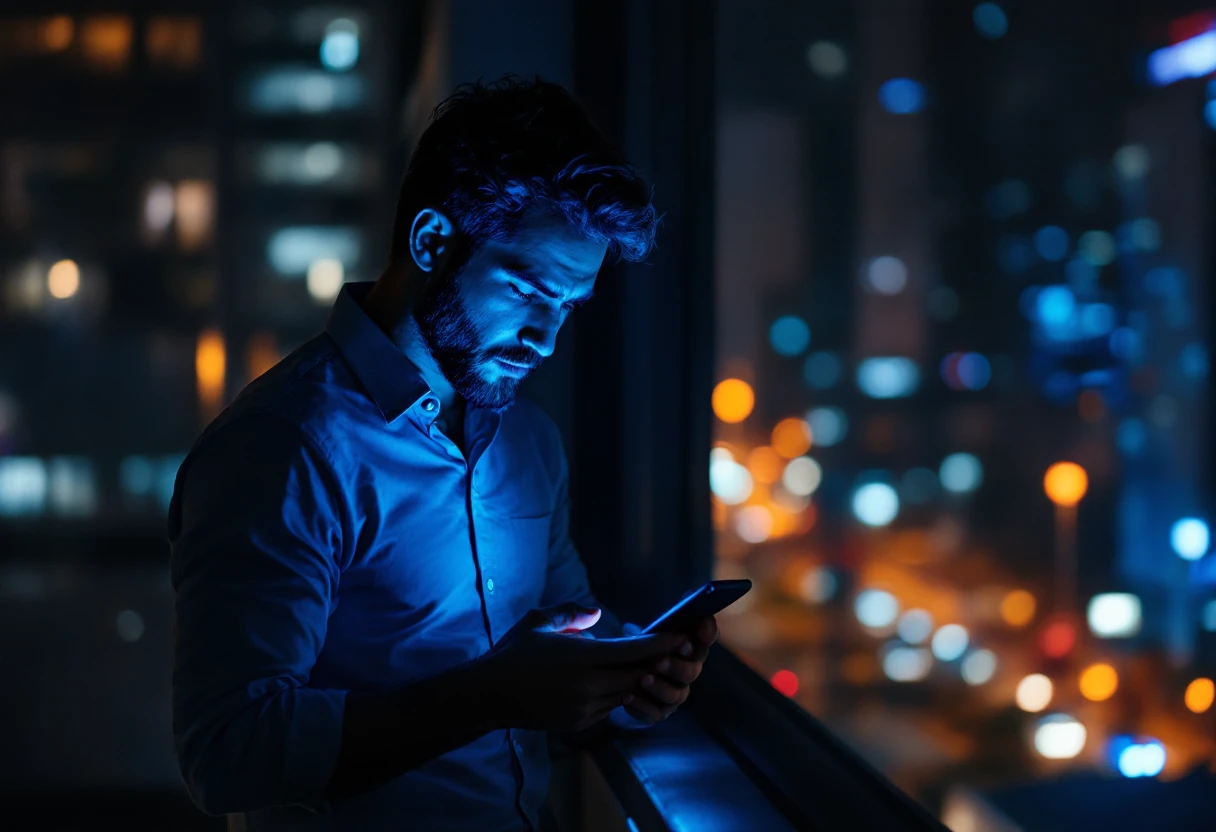 Corretor olhando celular com mensagens não respondidas