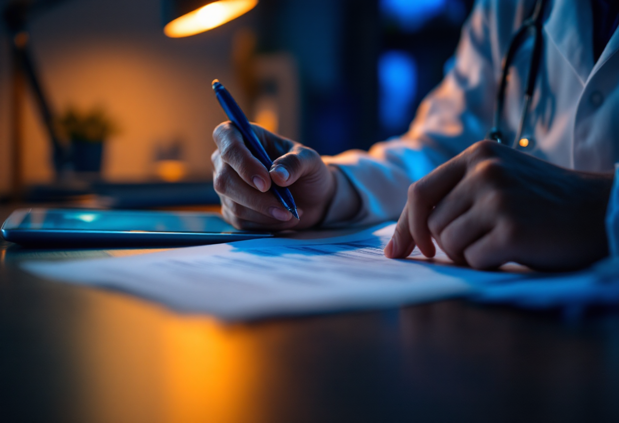 Médico revisando texto de anúncio digital em conformidade com as regras do conselho de medicina