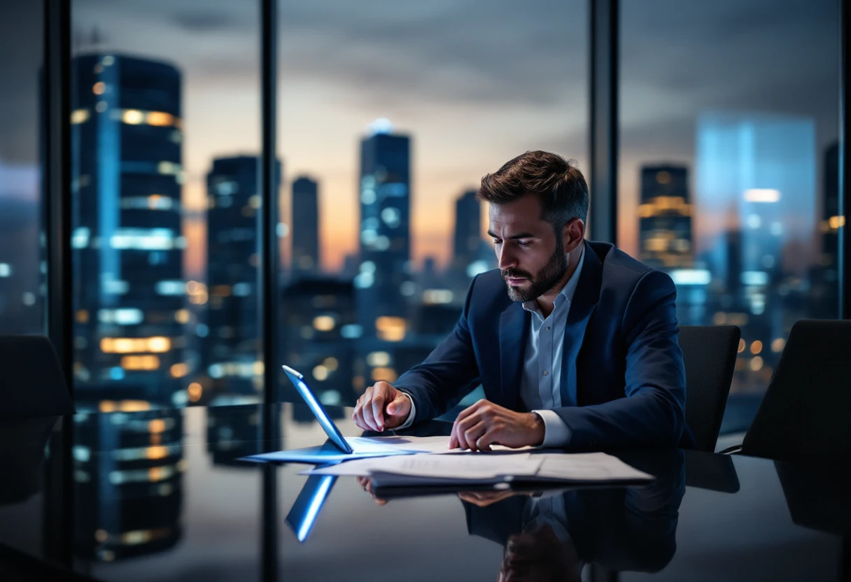 Executivo analisando proposta de agência de marketing digital em escritório corporativo em Alphaville
