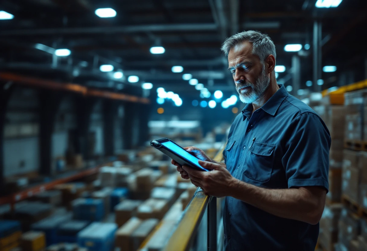 Gestor industrial avaliando orçamento de marketing digital em galpão logístico em Guarulhos