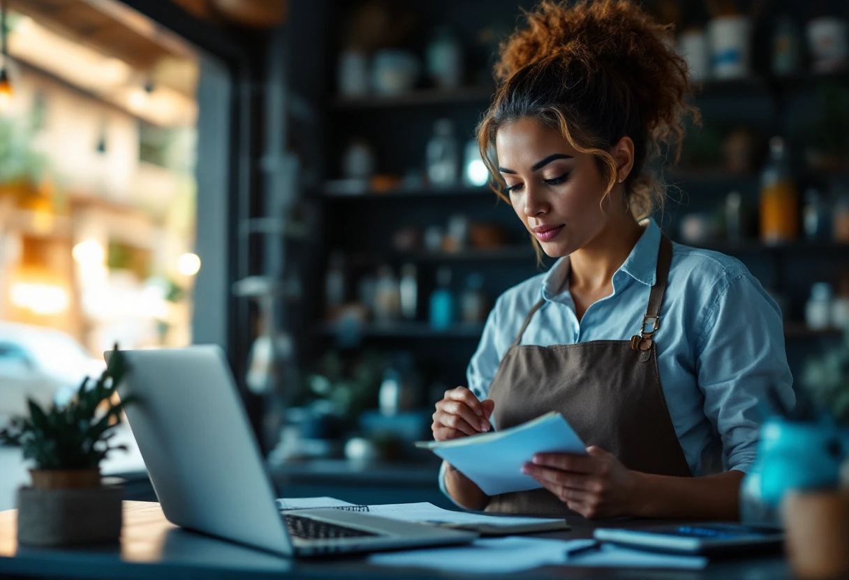 Dona de pequena empresa em Osasco analisando orçamento de marketing digital no computador