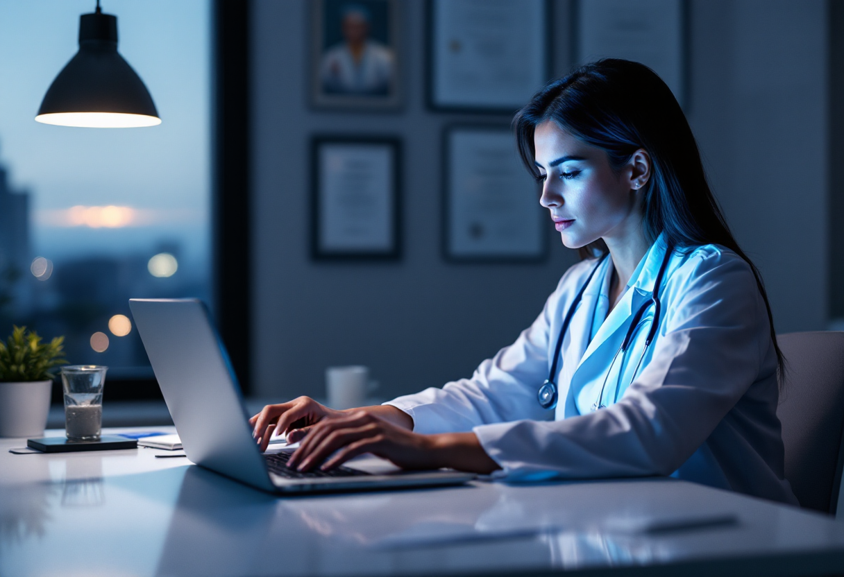 Médica em consultório em São Paulo analisando painel de campanhas de tráfego pago no computador