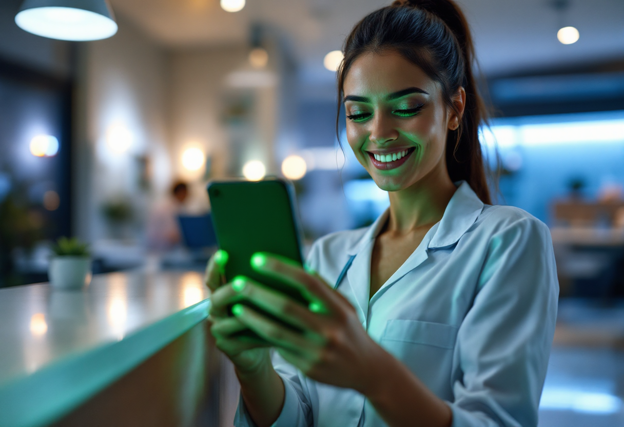 Recepcionista de clínica respondendo mensagem de paciente pelo celular