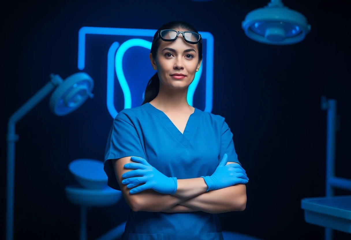 Dentista em consultório odontológico em São Paulo revisando as regras de publicidade do Conselho Federal de Odontologia